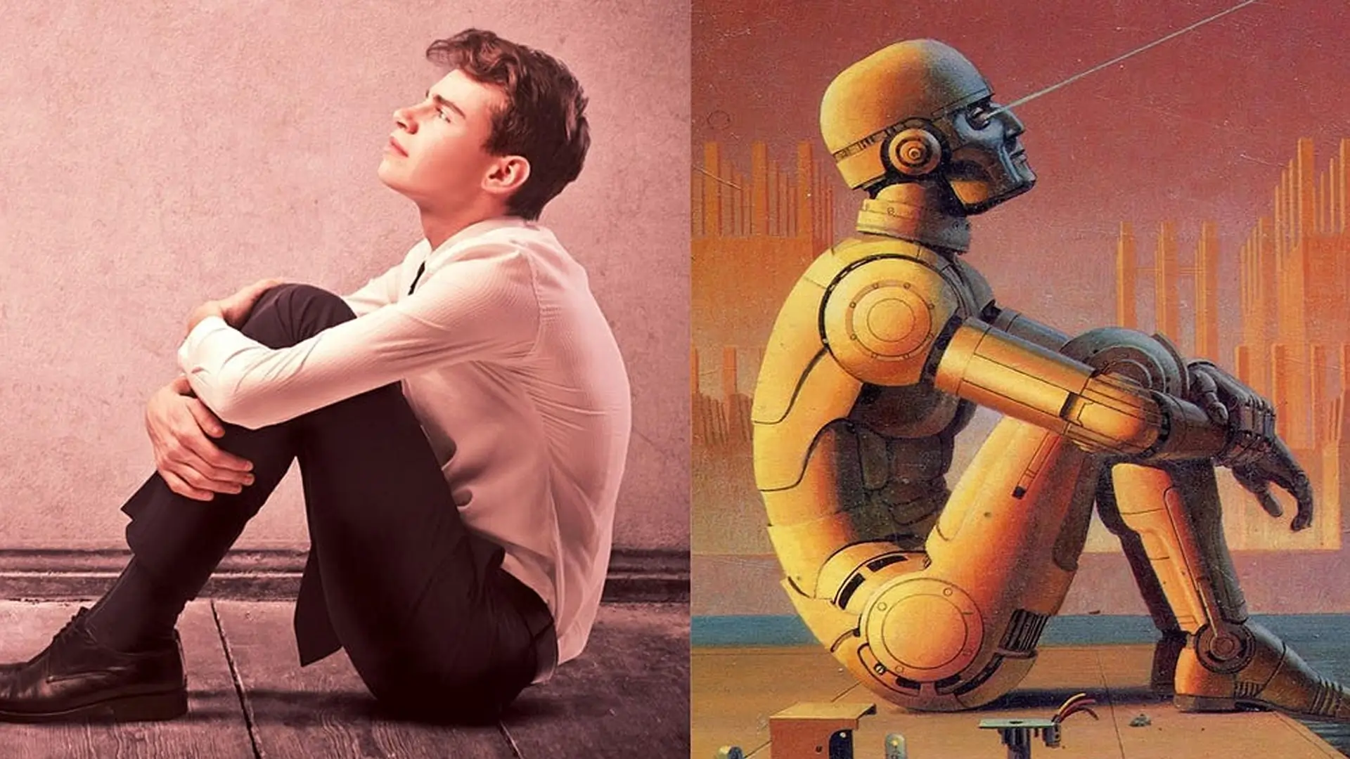 Two pictures merged by an AI photo editor, showing a man sitting on a bench with a robot.