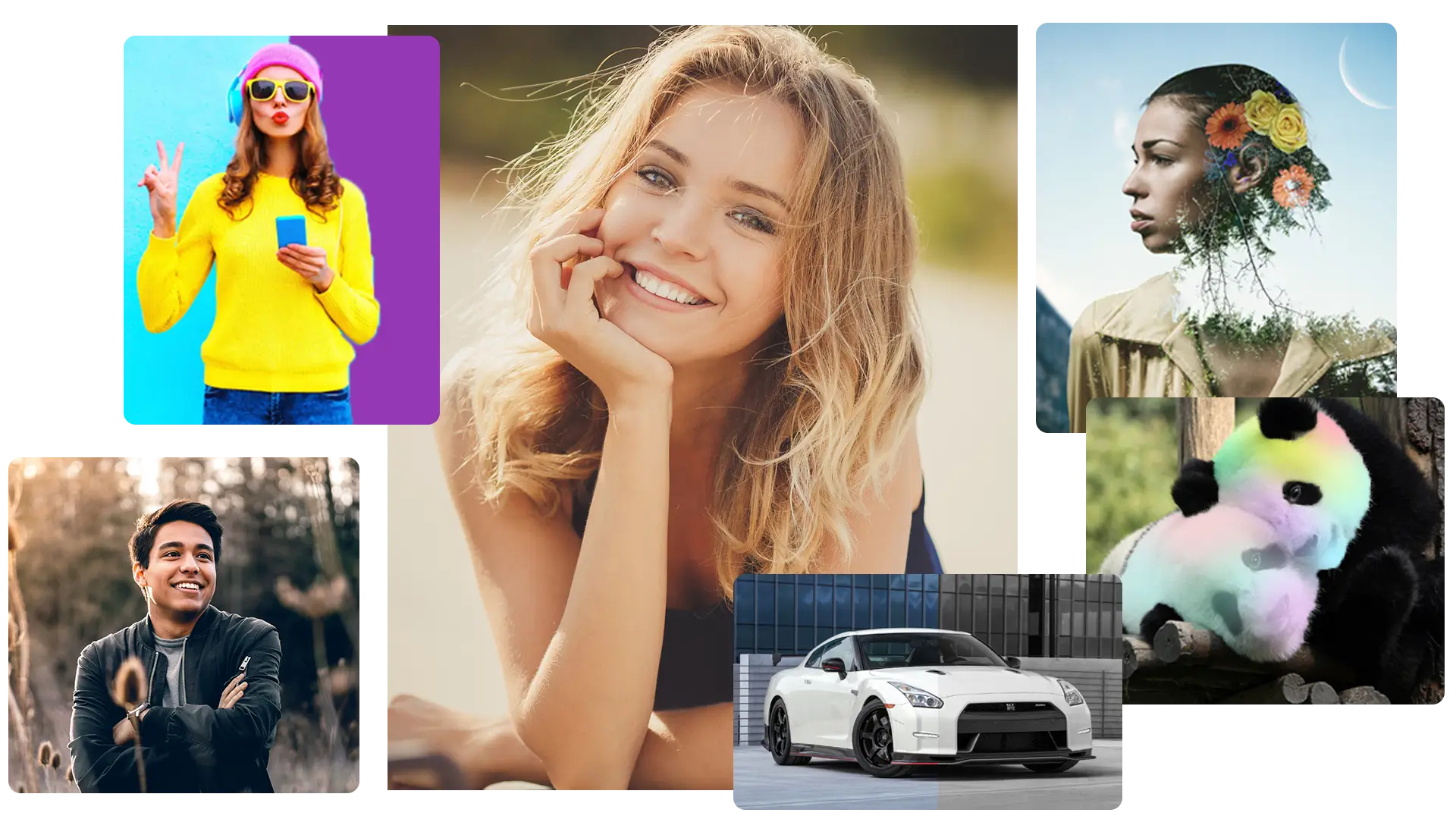 A Photo Editor's collage showcasing a woman and a car in various pictures.
