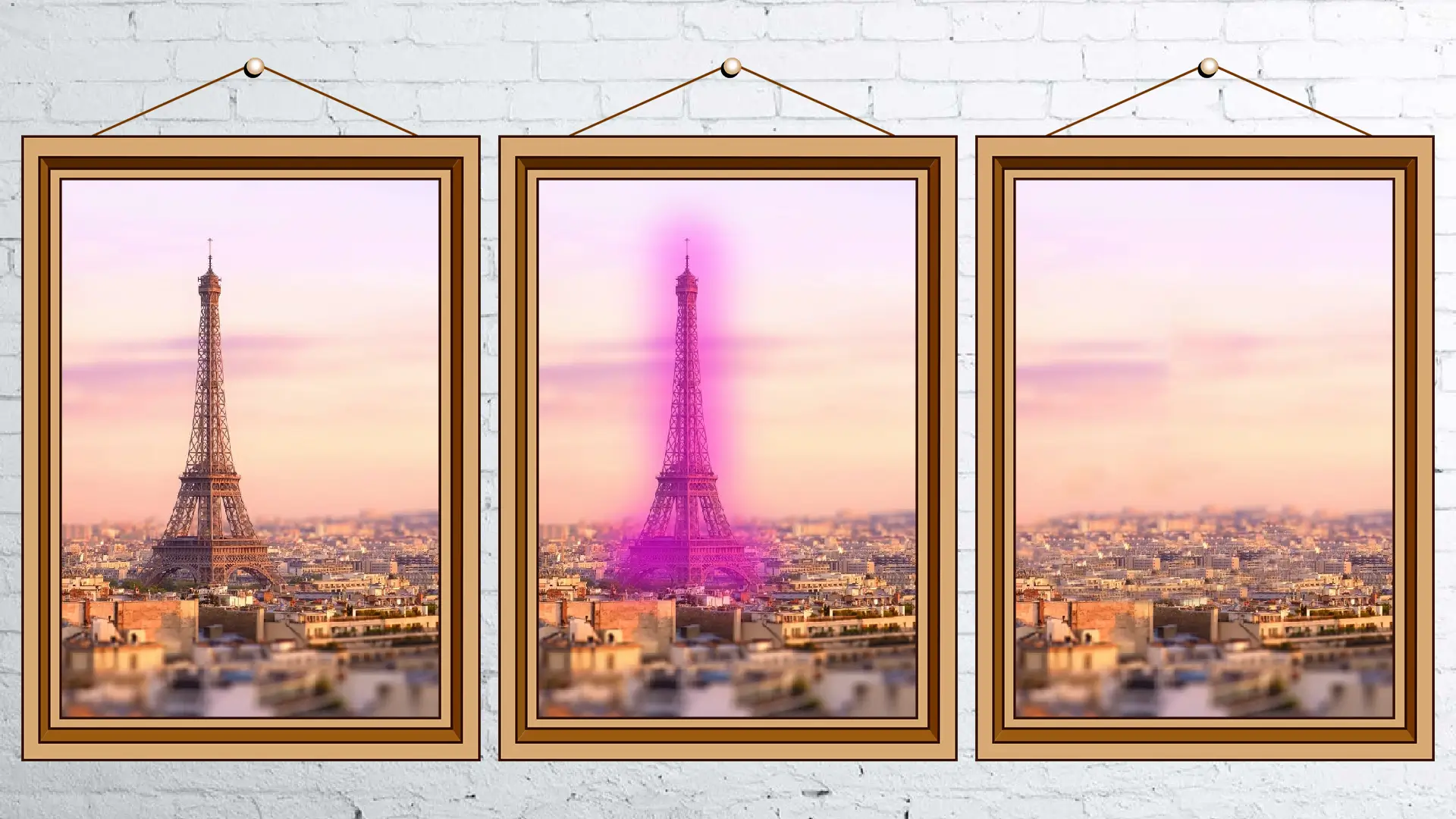 Three framed pictures of the Eiffel Tower in Paris, showcasing its iconic beauty. Object removed from photo.