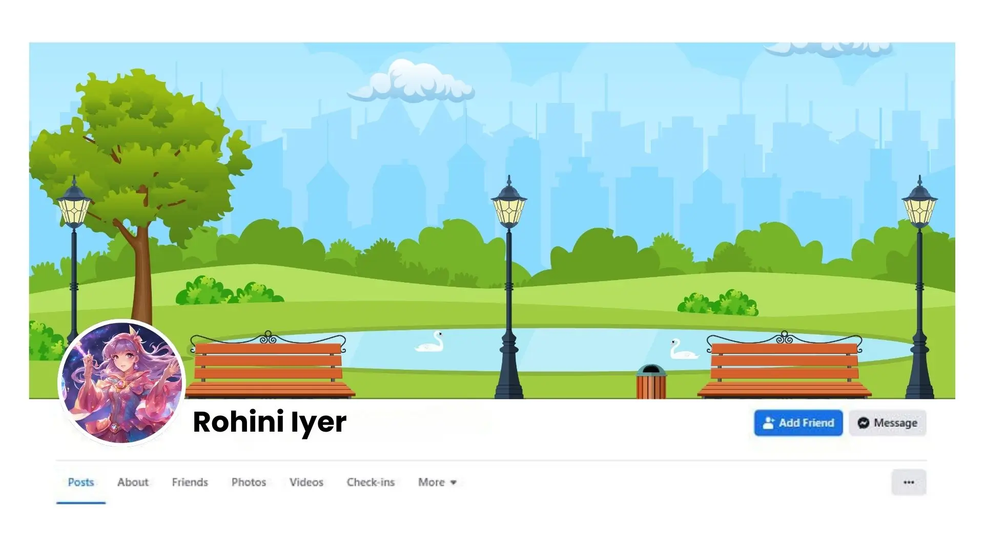 A Facebook page featuring a serene park scene with a bench surrounded by lush green trees.