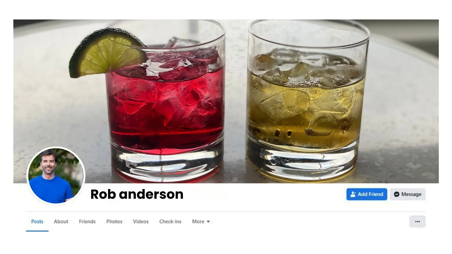 A Facebook page displaying two drinks alongside a photo of a man enjoying a casual moment.
