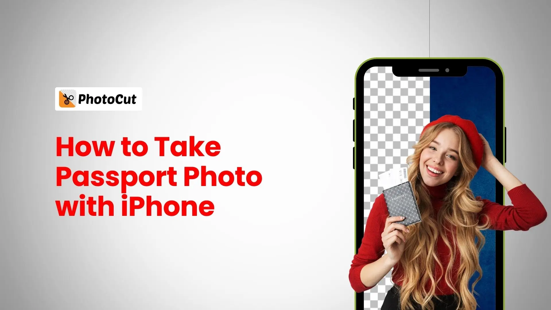 A person taking a passport photo using an iPhone, demonstrating proper lighting and background setup for the shot.