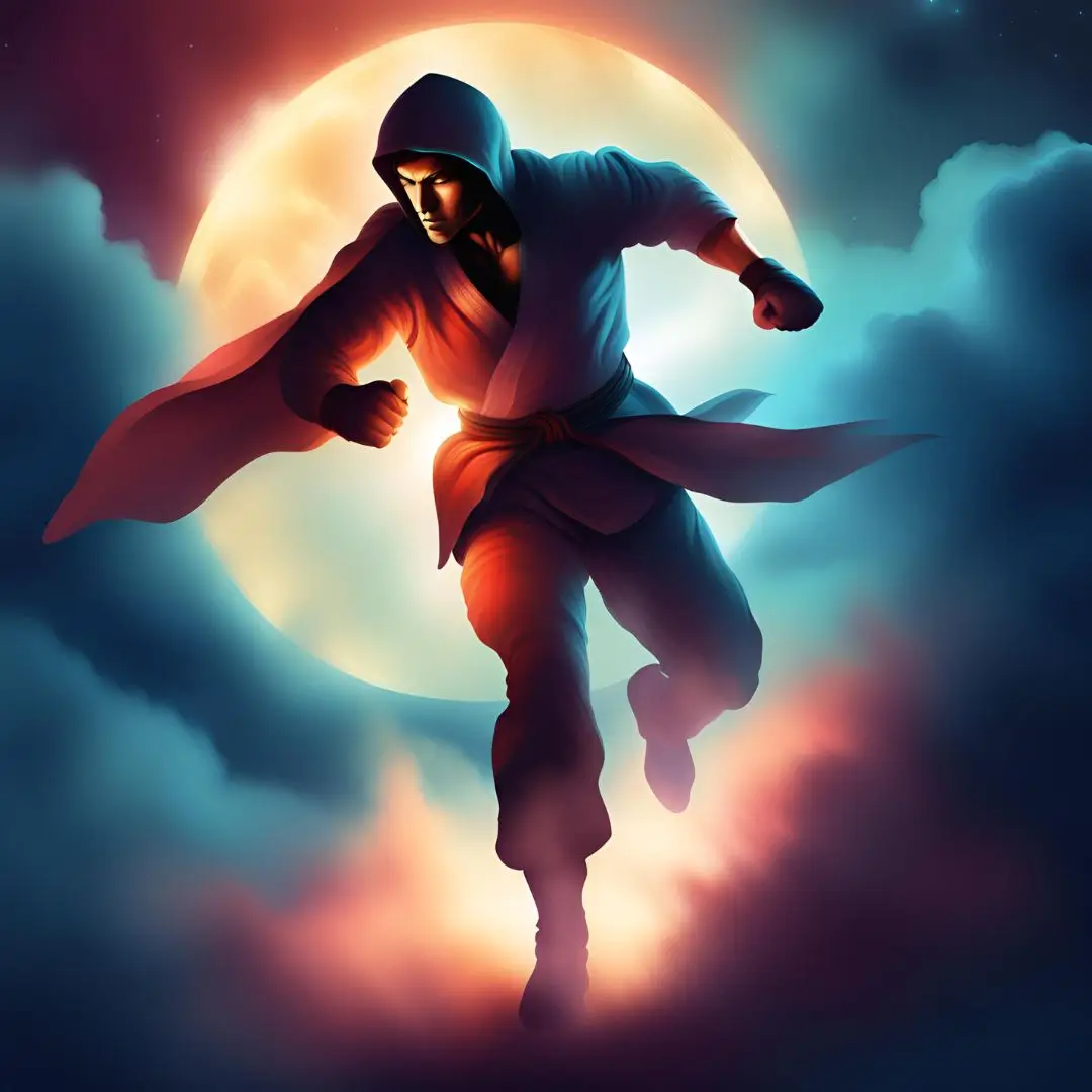 A man in a hoodie sprints under a bright full moon, casting a shadow on the ground.