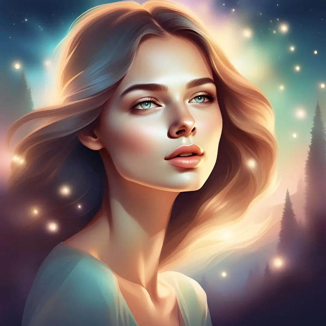 A beautiful woman with long hair gazes at a starry sky, creating a serene and enchanting atmosphere.
