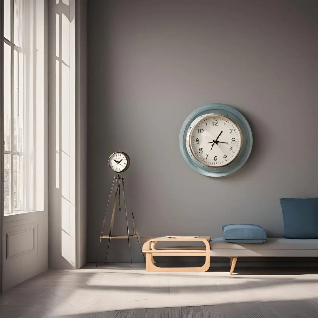 A gray wall serves as a backdrop for a blue couch and a stylish clock, creating a modern living space.
