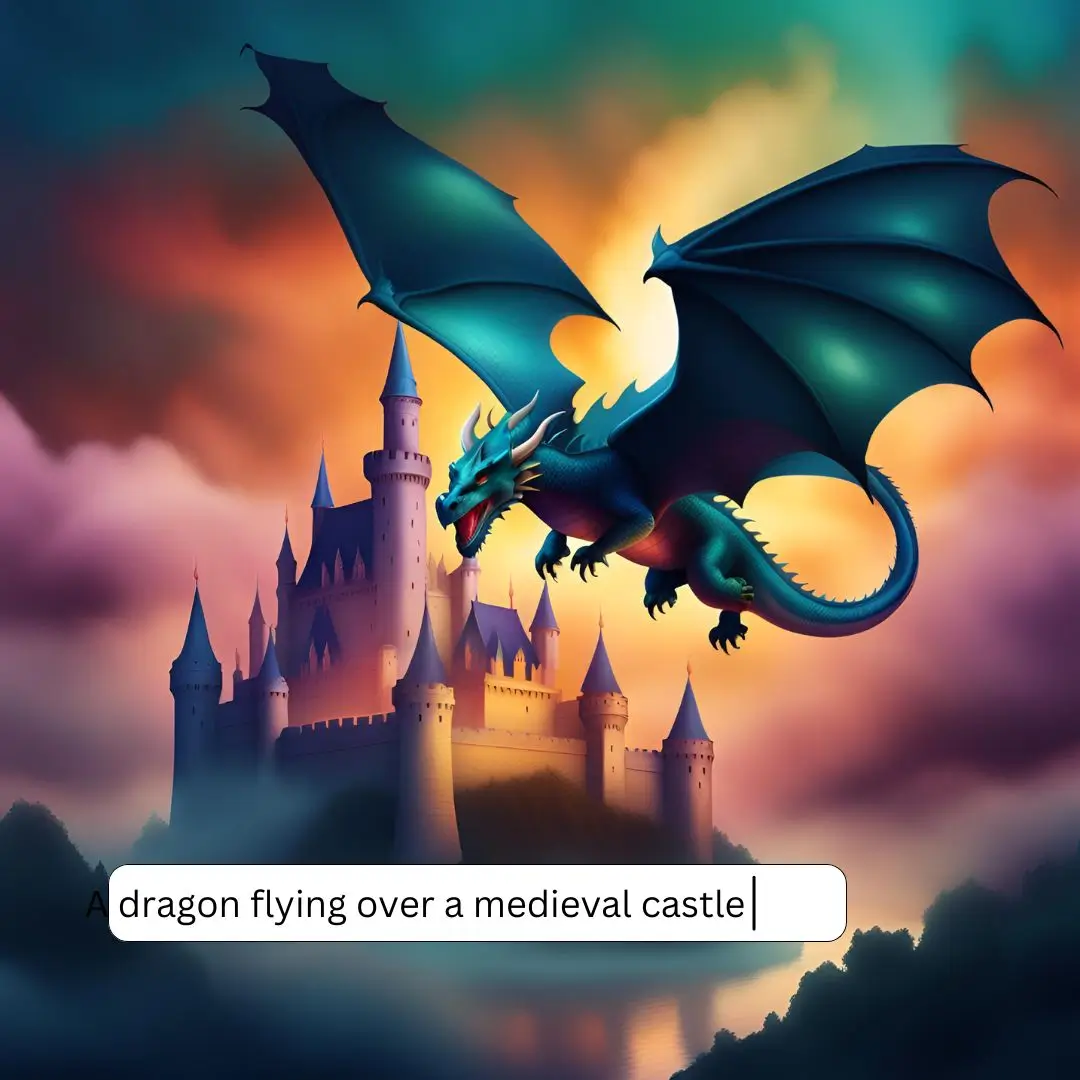 A majestic dragon soars above a medieval castle, its wings spread wide against a clear blue sky.