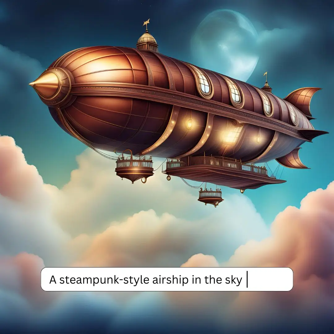A steampunk airship glides through a clear blue sky, showcasing intricate gears and vintage design elements.