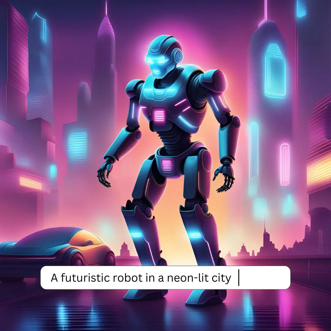 A futuristic robot stands in a vibrant neon city, surrounded by glowing lights and the phrase "a futurist robot in a neon city."
