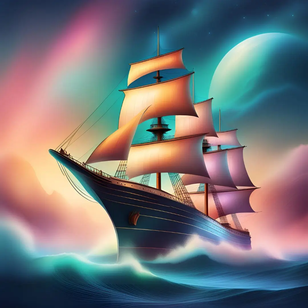 A sailing ship glides through the ocean under a starry sky, illuminated by the moon's gentle glow.