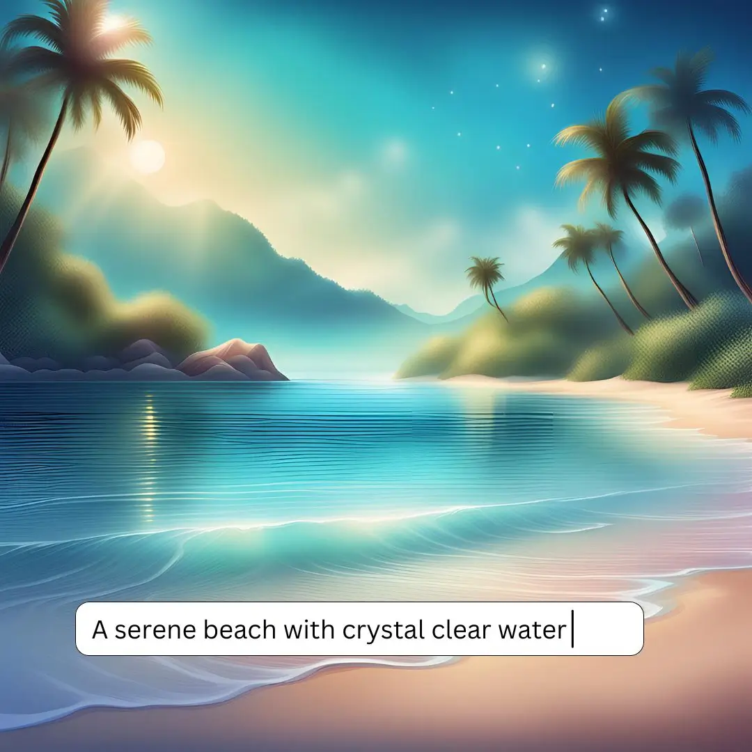 A serene beach scene featuring crystal clear water and swaying palm trees under a bright blue sky.