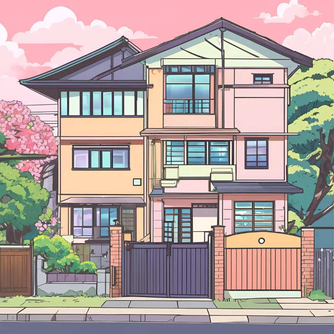 Anime-style house surrounded by a pink and blue fence, showcasing vibrant colors and whimsical design elements.