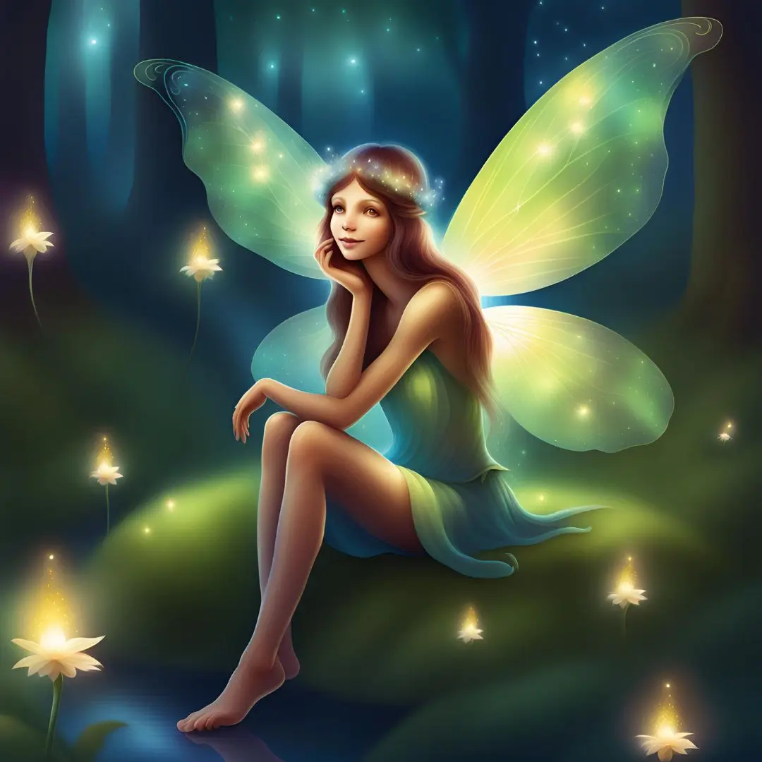A fairy girl with glowing wings sits gracefully on the grass, surrounded by a serene natural setting.
