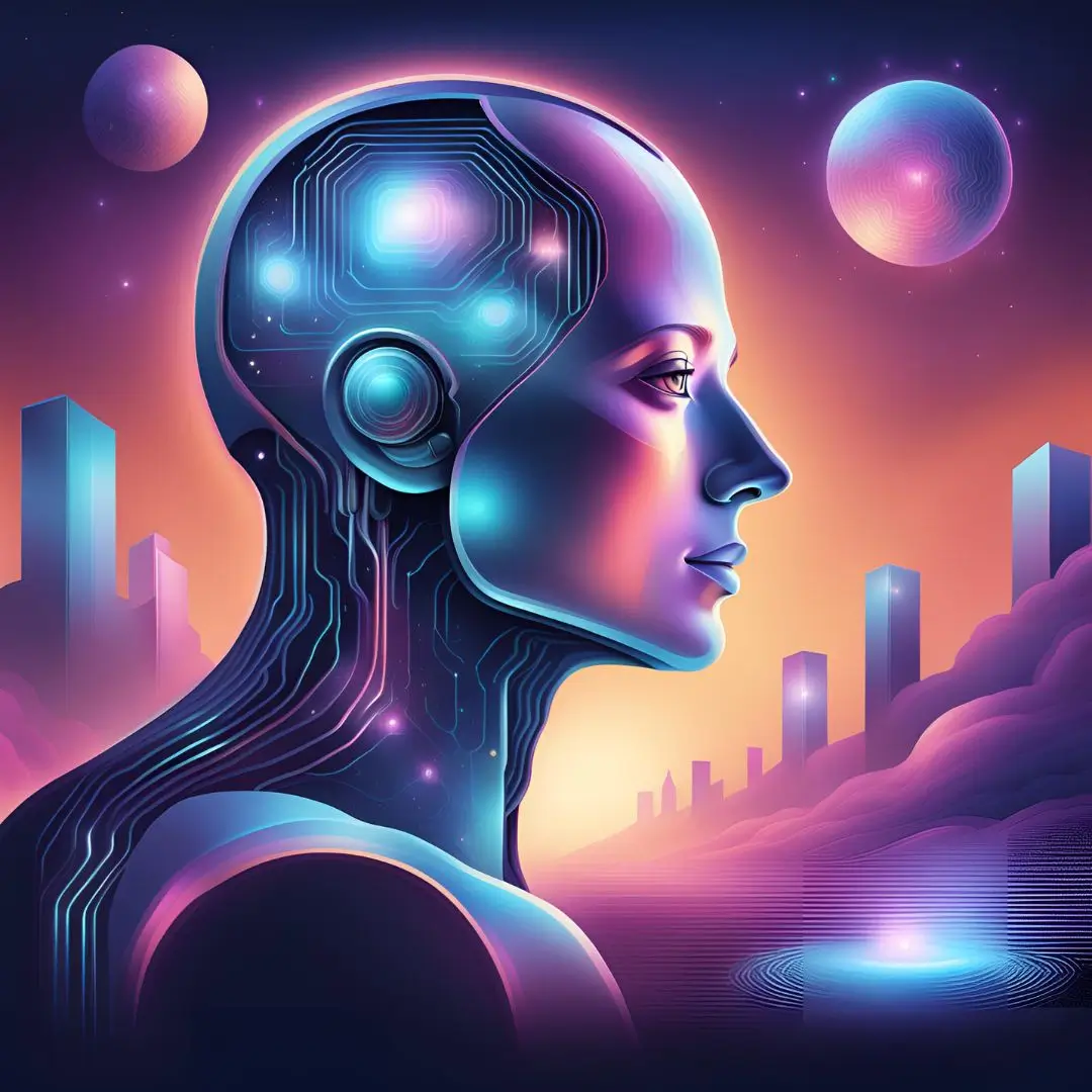 A robotic woman's head with a futuristic city skyline in the background, showcasing advanced technology and innovation.