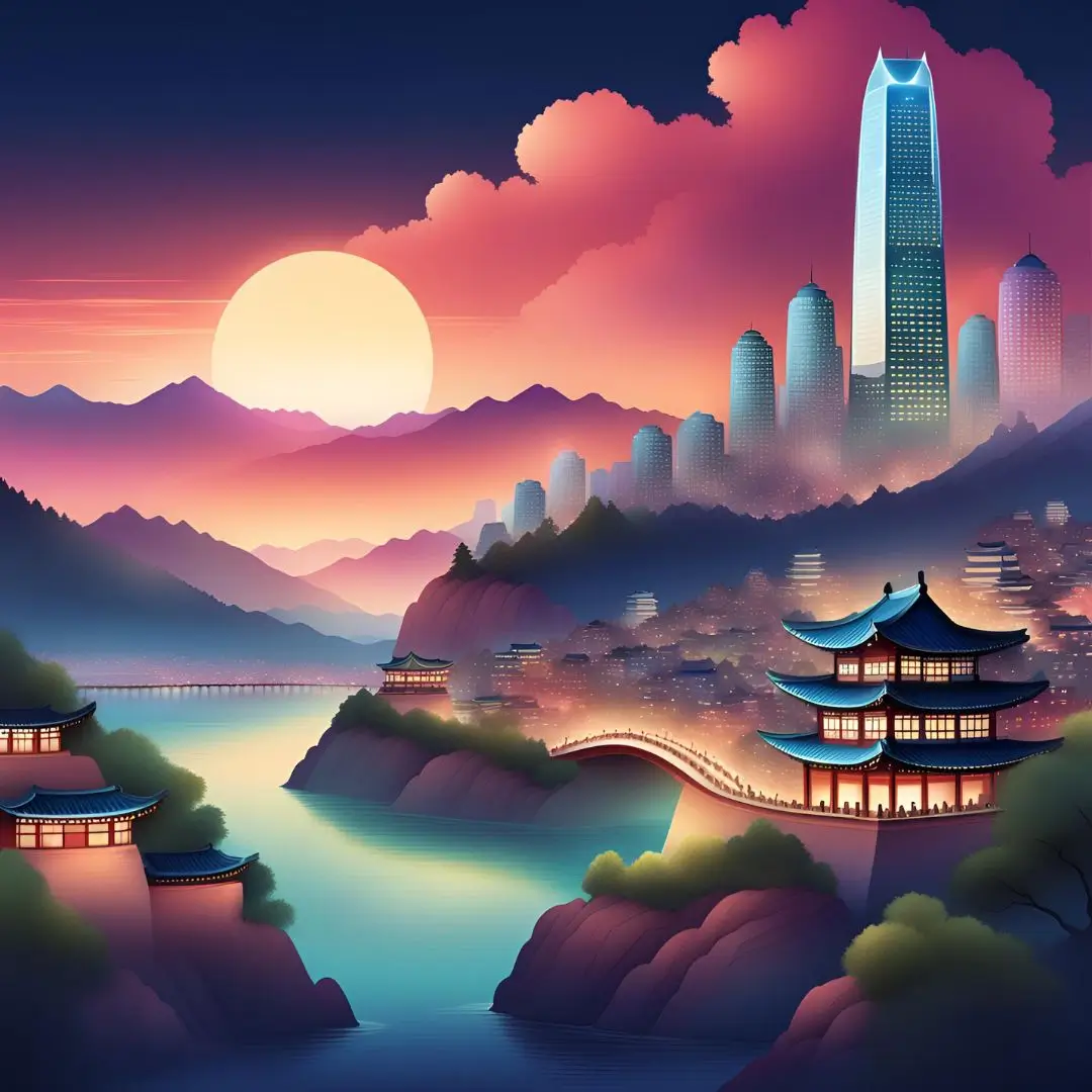 Illustration of a vibrant cityscape featuring a river flowing through and majestic mountains in the background.