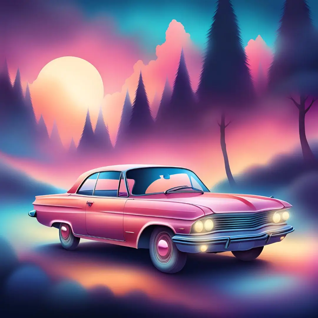 A pink car navigates a forest road, illuminated by the warm hues of a sunset in the background.