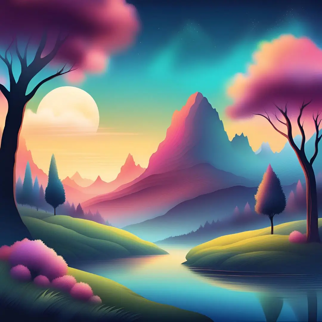 A scenic view of colorful trees and towering mountains, showcasing nature's beauty in a bright landscape.