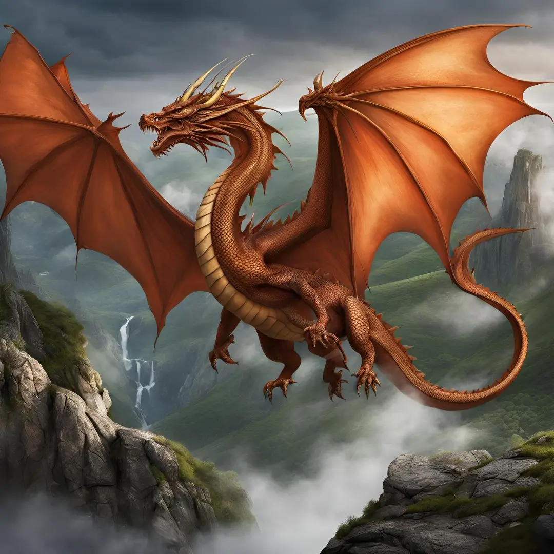 A majestic red dragon soars gracefully above a rugged mountain landscape, showcasing its vibrant scales against the sky.