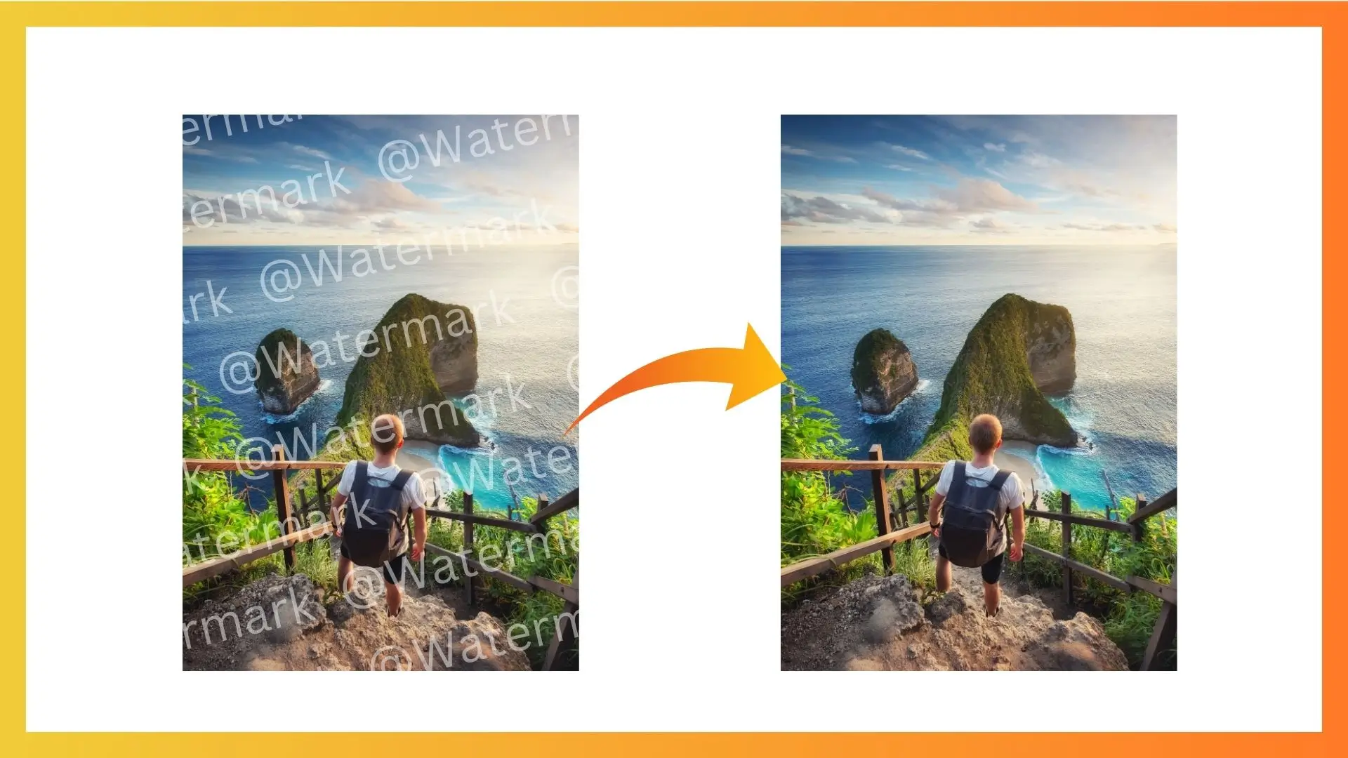 A person walking along a scenic path leading to the ocean, captured in two distinct images.