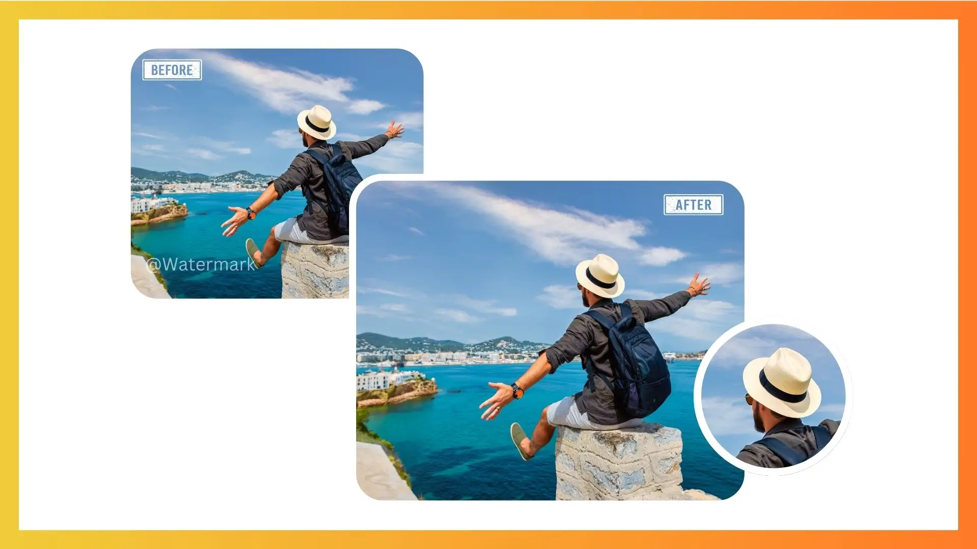 A man wearing a hat enjoys a sunny day at the beach, captured in two different images.