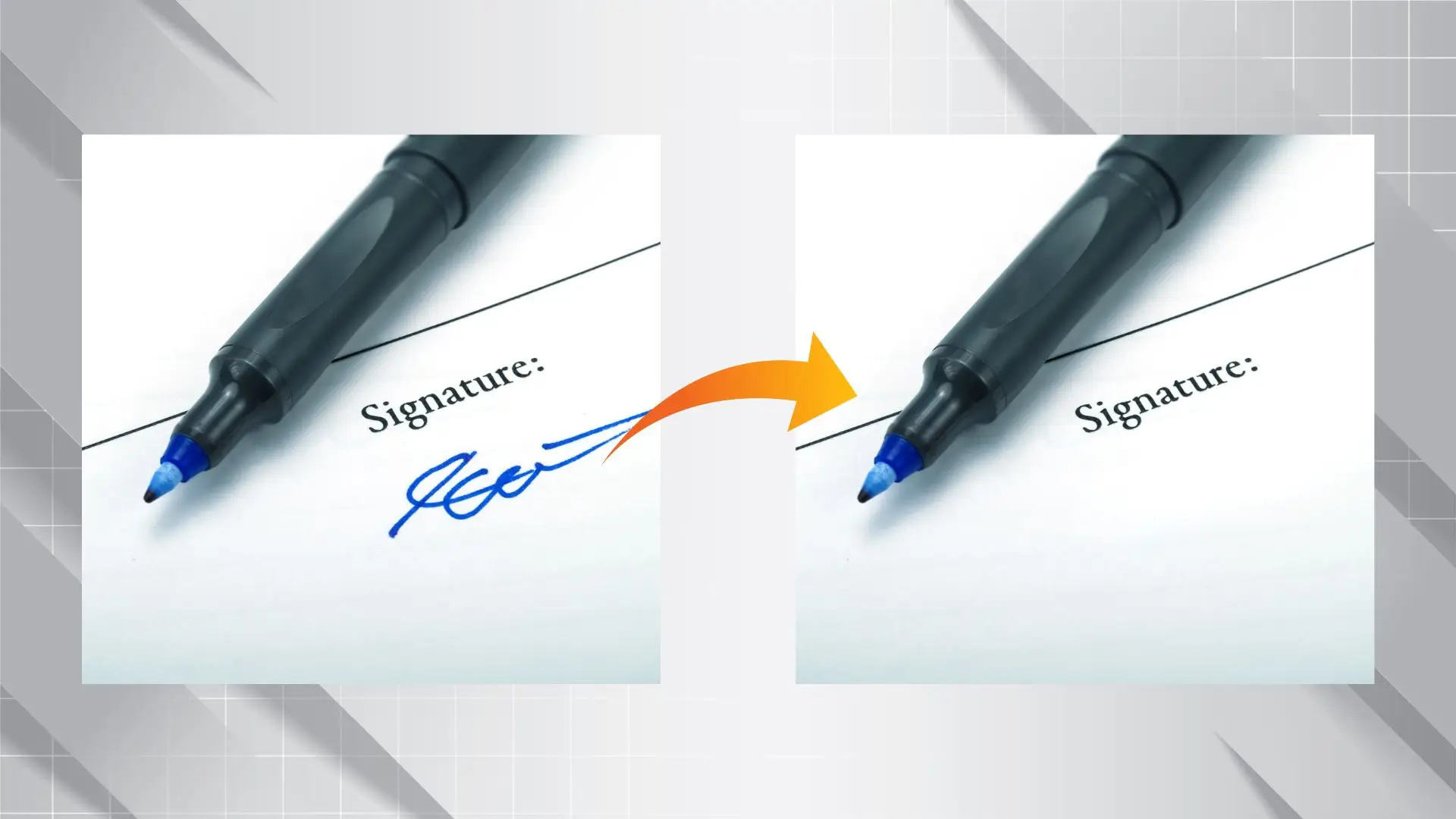 A pen writing the word "signature" on a blank piece of paper, symbolizing the act of signing a document.
