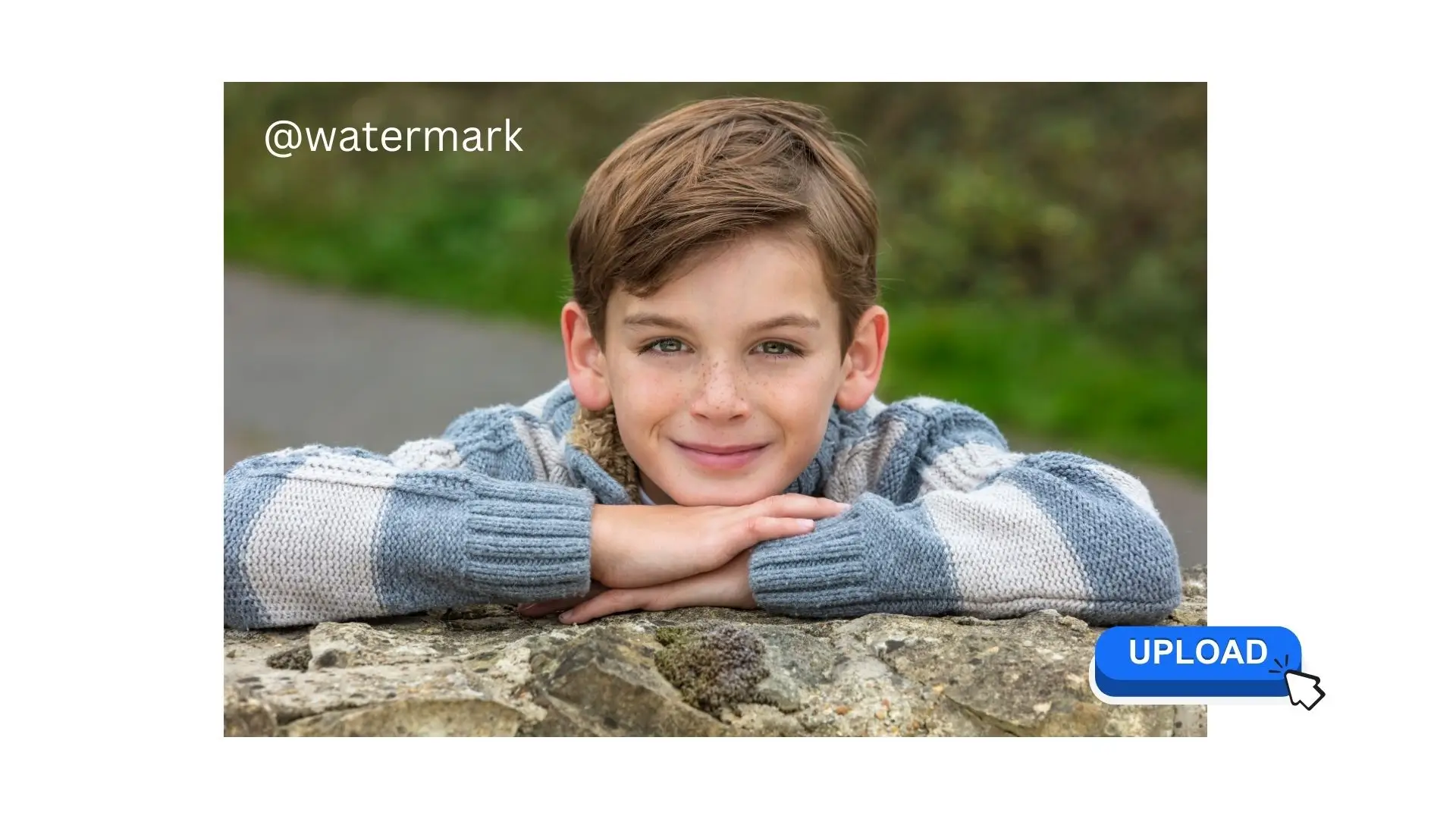 A boy leans on a rock, looking at the camera, with the word "upload" displayed prominently. 
