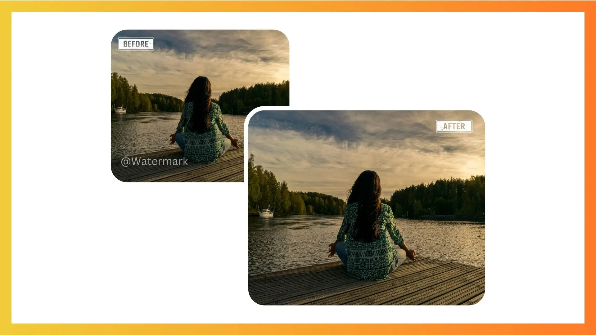 A woman sits on a dock at sunset, with warm hues illuminating the serene scene behind her.