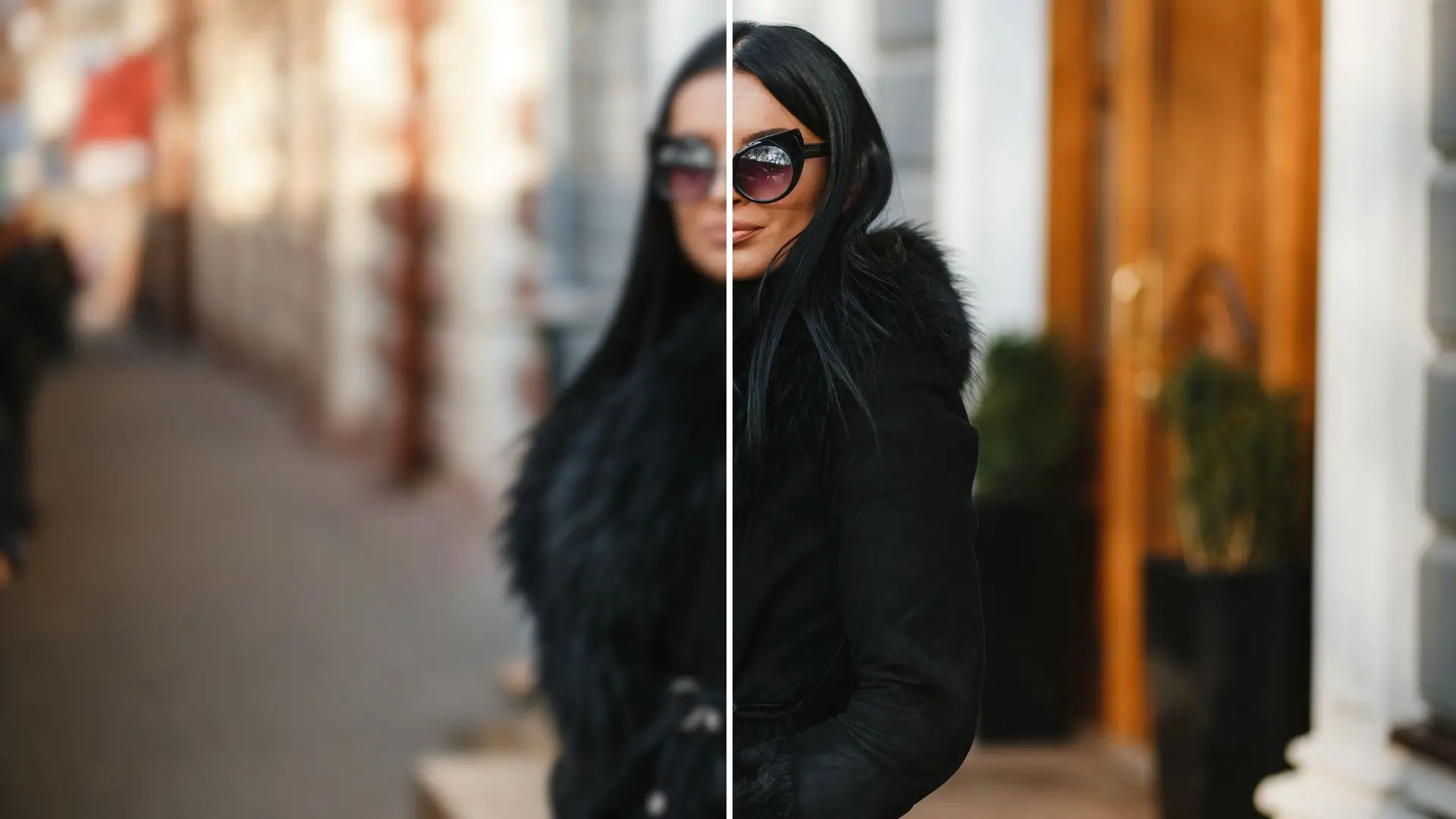 A woman in sunglasses and a luxurious fur coat, exuding elegance and style against a chic urban backdrop.