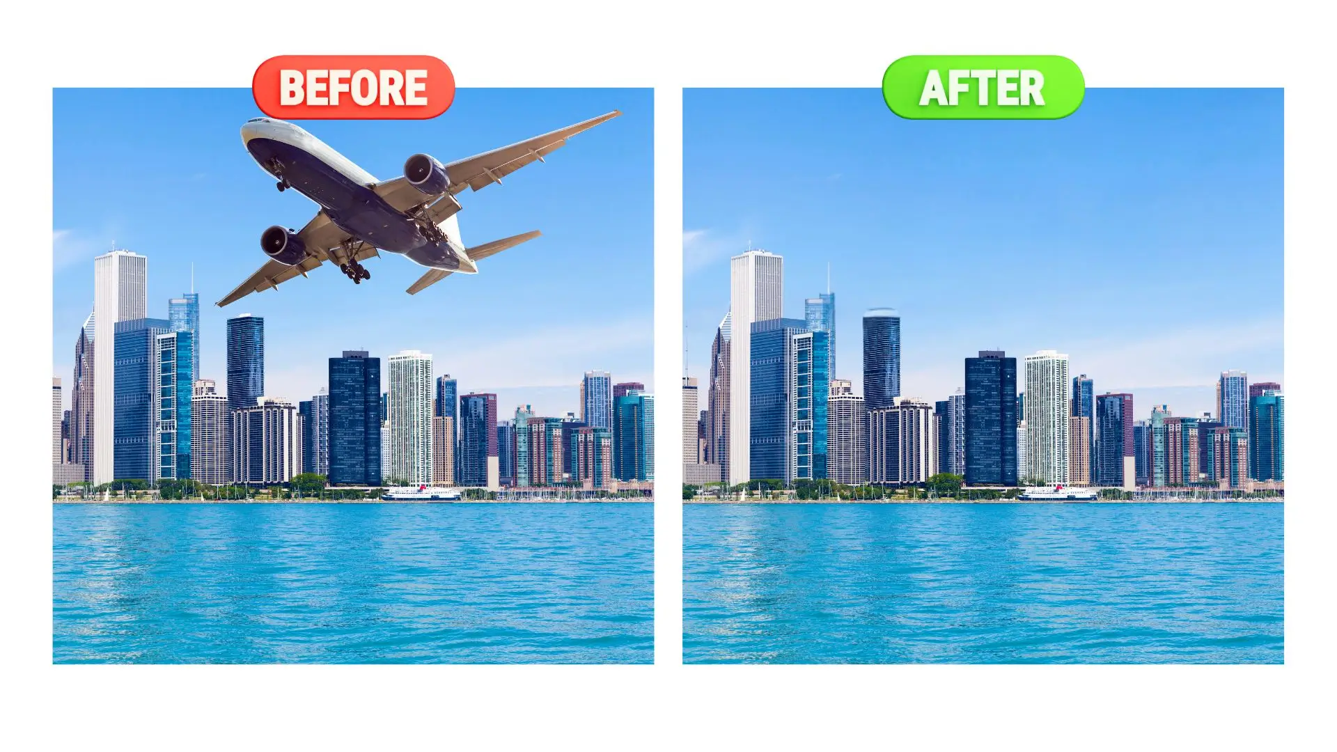 A plane soars above a vibrant city skyline, showcasing urban architecture against a clear blue sky.
