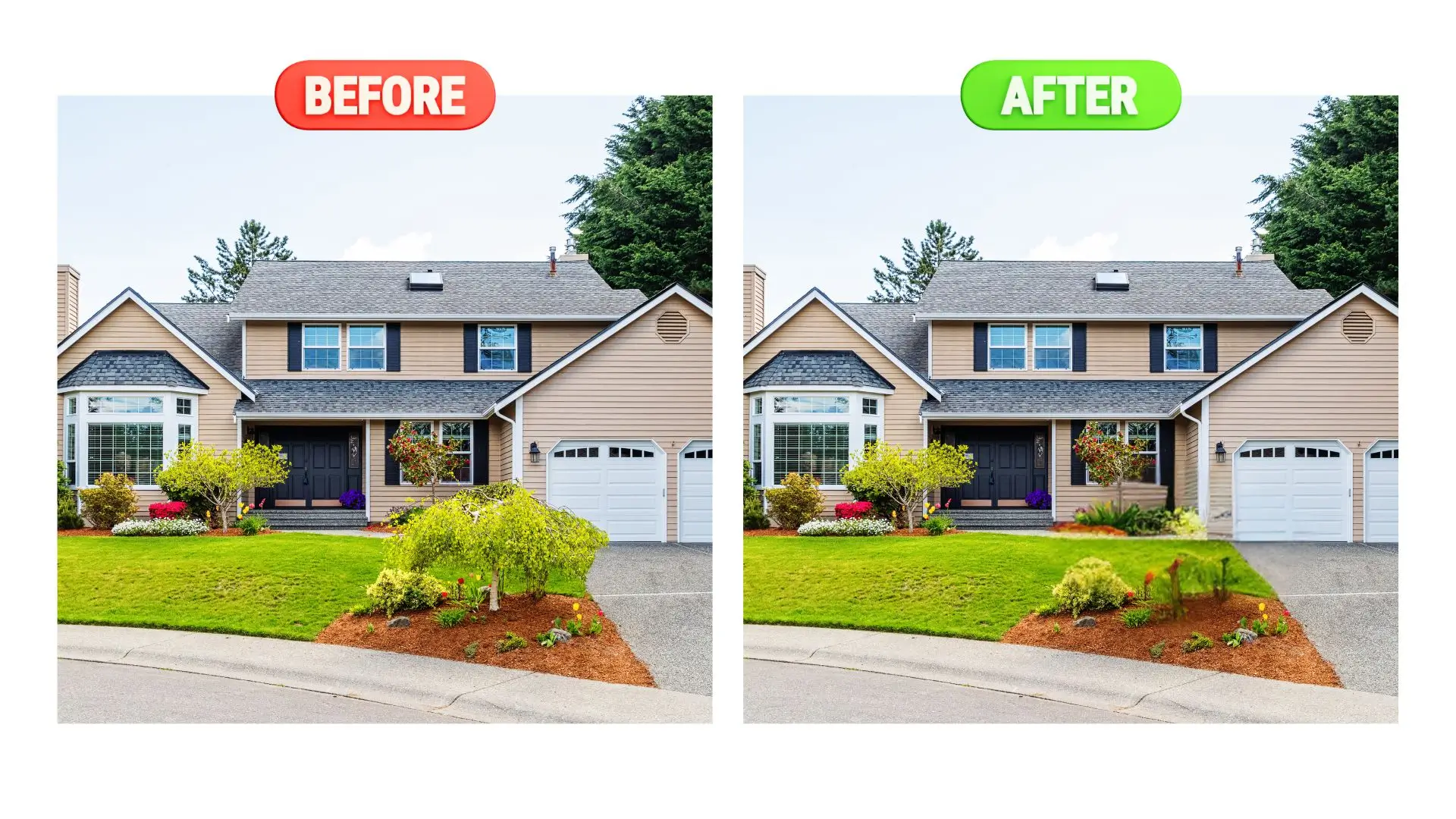 Before and after images showcasing a house transformation with enhanced landscaping features and vibrant greenery.