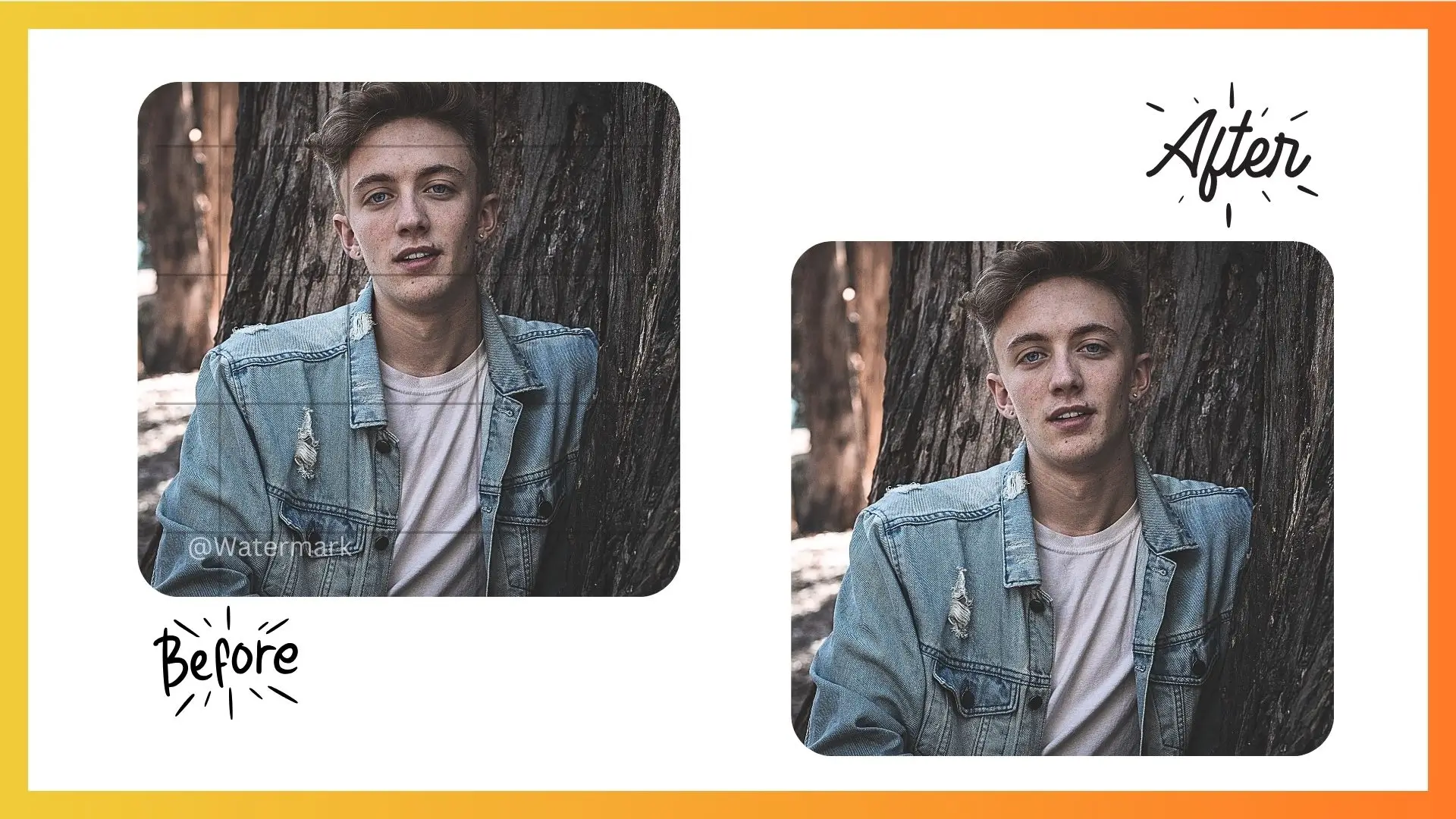 Two images of a bearded man wearing a denim jacket, showcasing different angles and expressions.