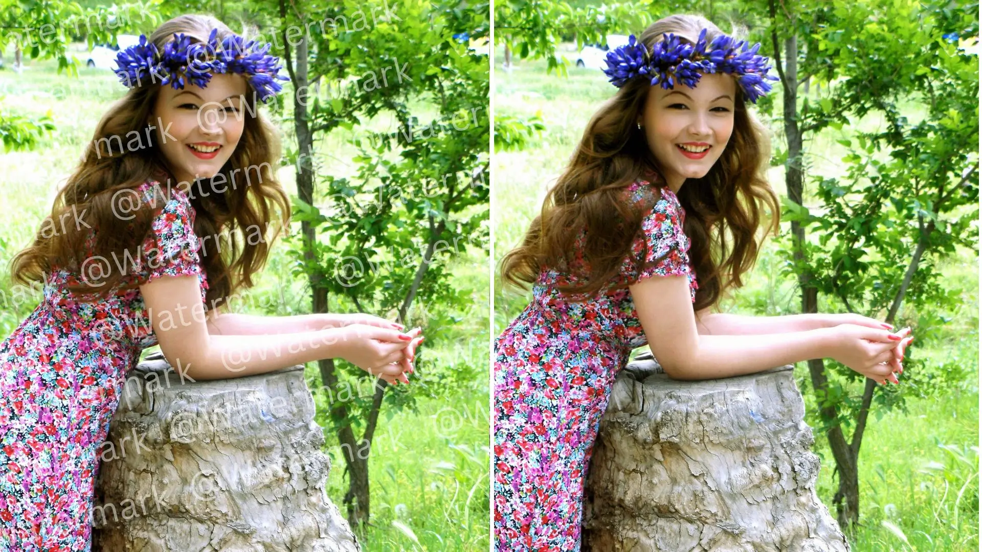 A girl wearing a flower crown, captured in two different poses, showcasing her joyful expression and vibrant floral accessory.