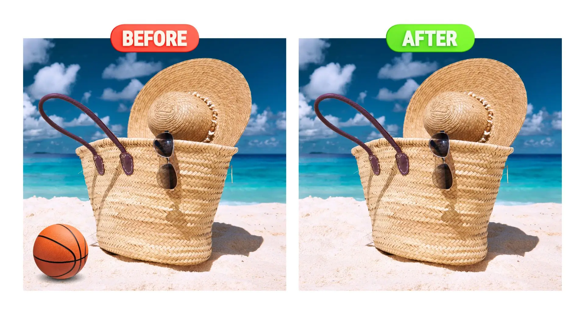 Two beach images featuring a stylish hat and a woven basket resting on the sand, capturing a serene coastal vibe.