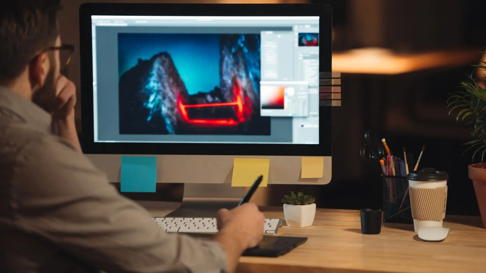 A man focused on his computer, glancing at a photo on his desk, immersed in his work.