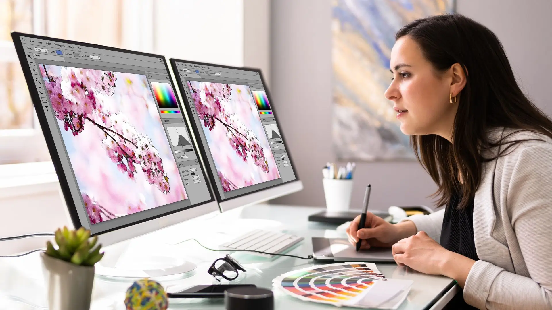 A woman at her desk, working on a computer with two screens to streamline her workflow.