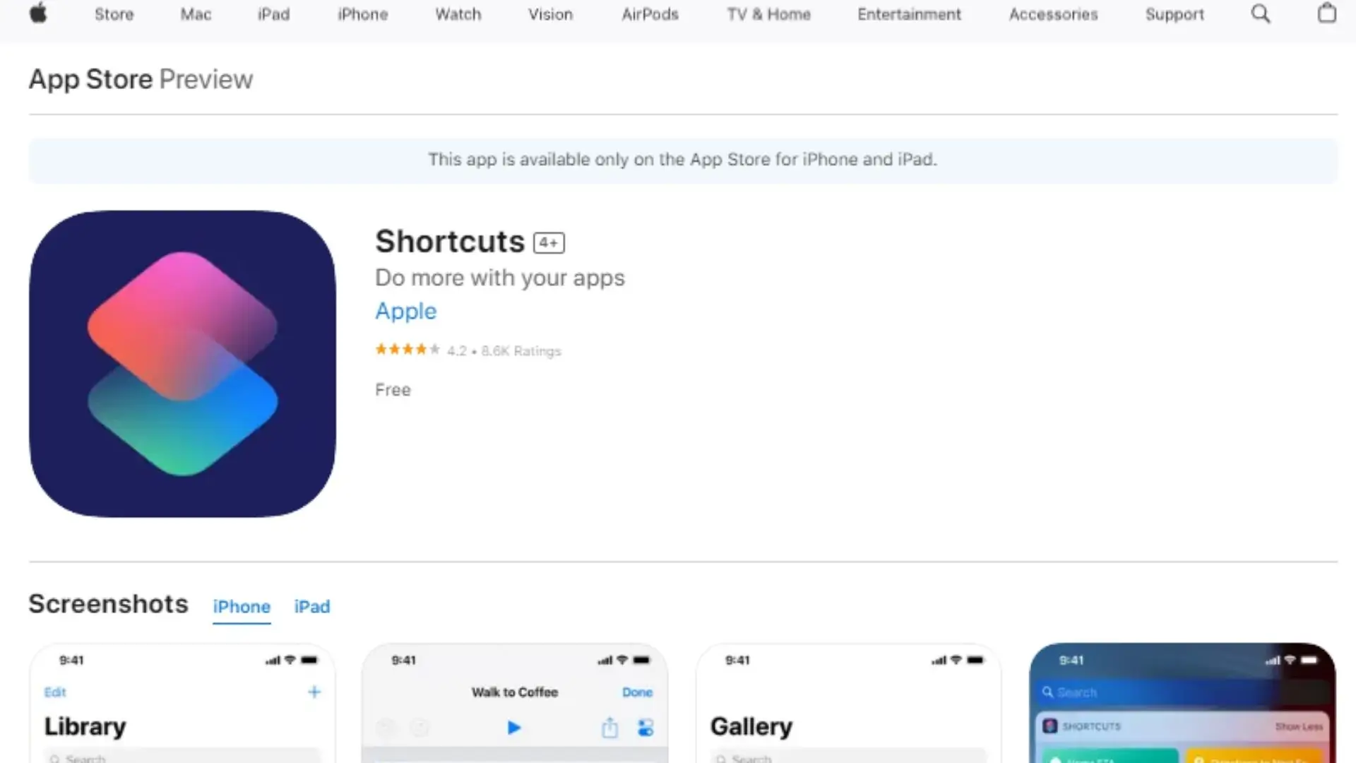 App store page showcasing Shortcuts, featuring its logo, screenshots, and download options prominently displayed.