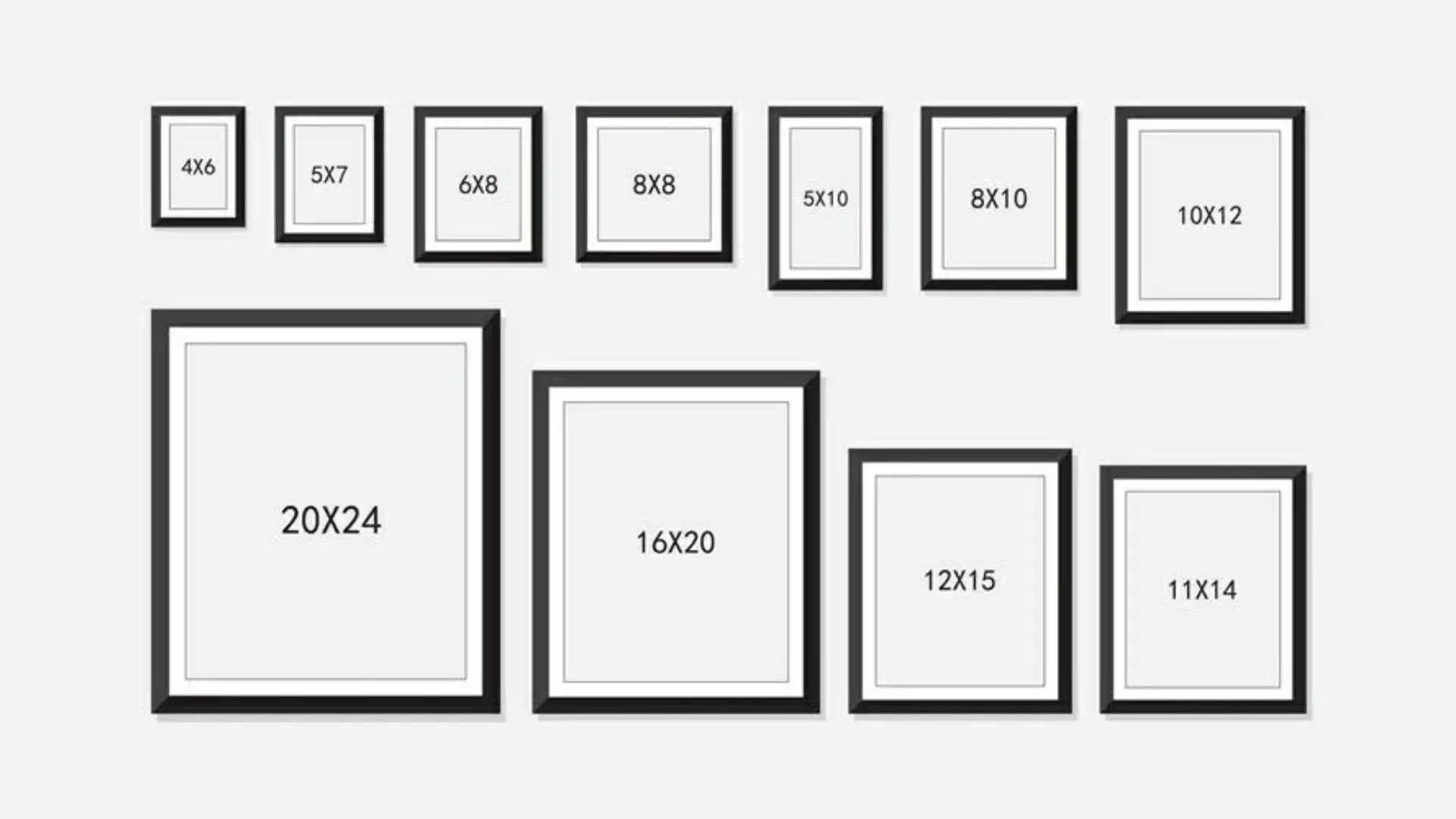 A collection of black frames in various sizes arranged together, showcasing their unique shapes and dimensions.
