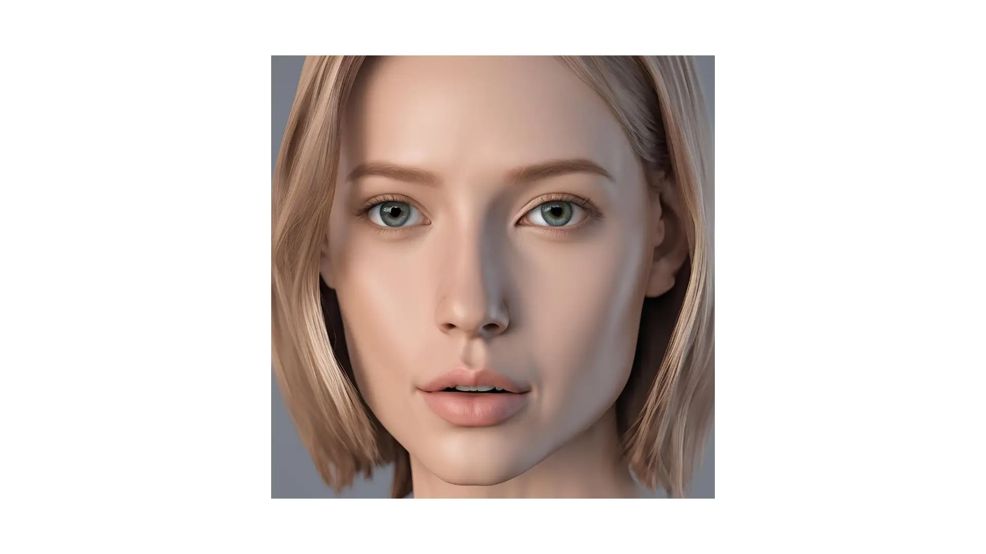 3D model of a woman with striking blue eyes, showcasing realistic features and intricate details.