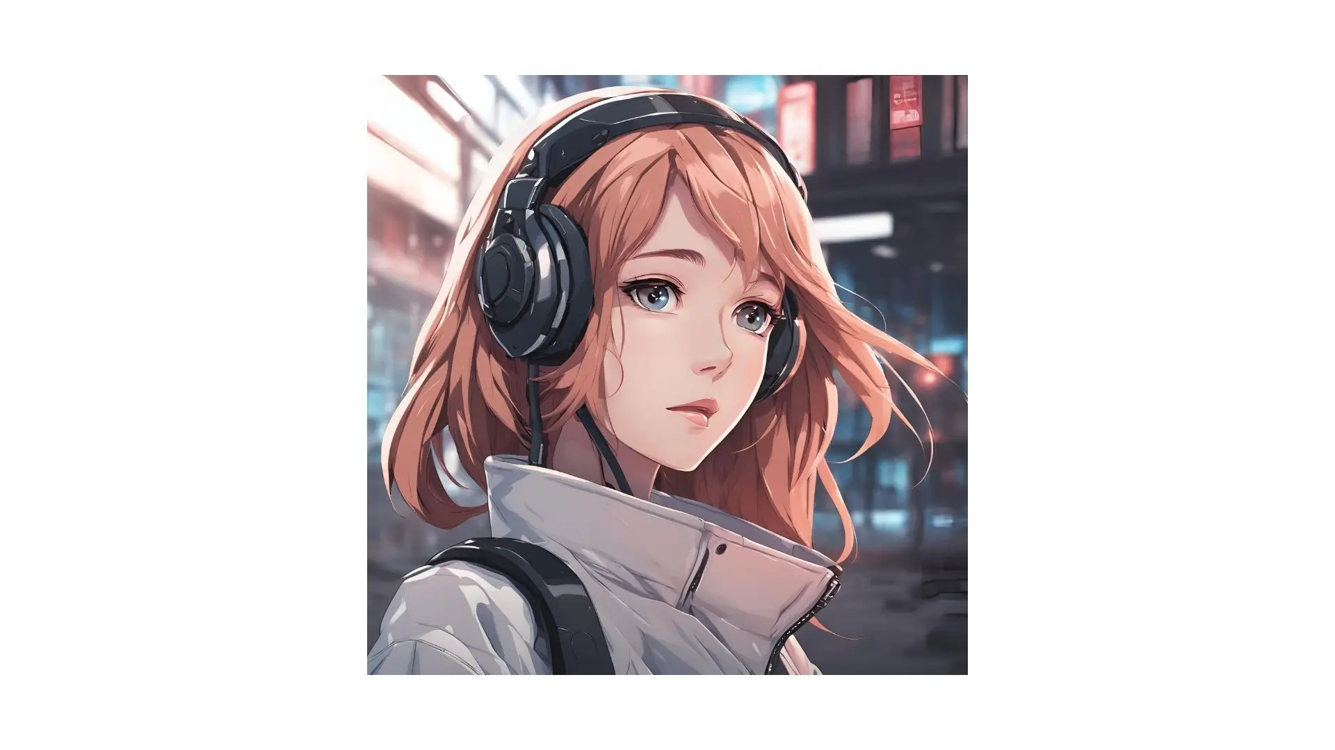 Anime girl wearing headphones, enjoying the vibrant cityscape around her, immersed in music and urban life.