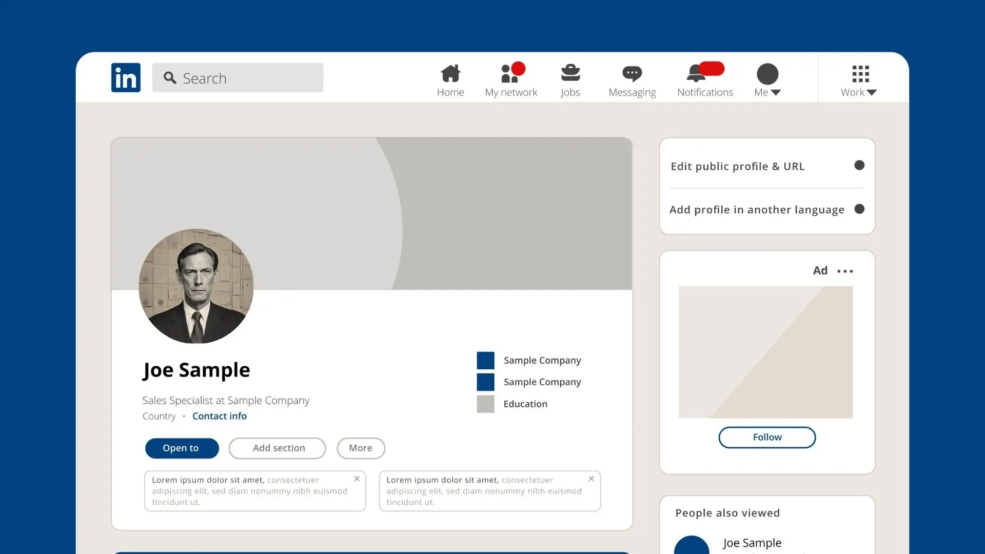 LinkedIn profile page displayed on a blue background, showcasing professional details and connections.