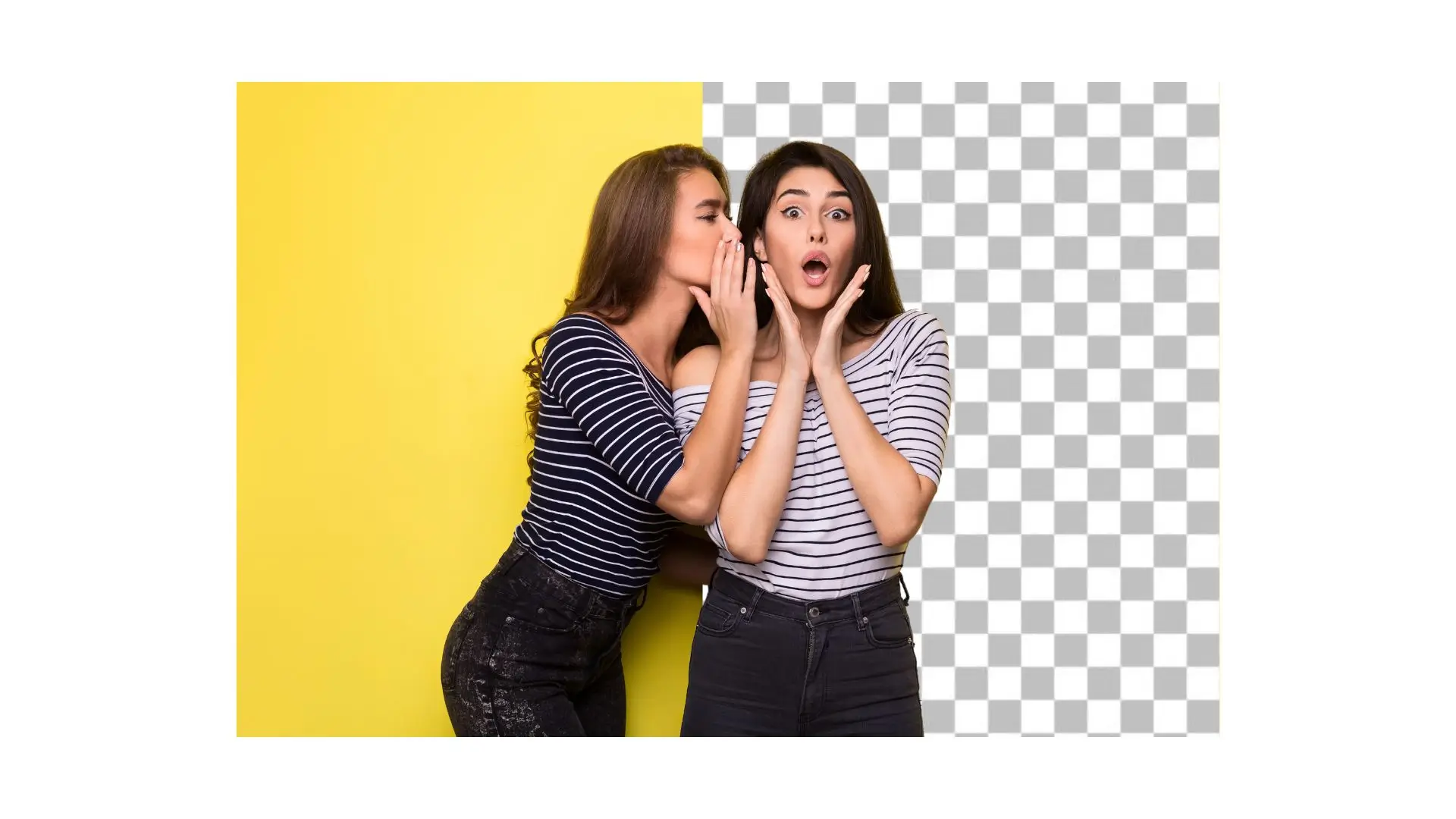 Two women talking against a vibrant yellow background, capturing a moment of love and connection.
