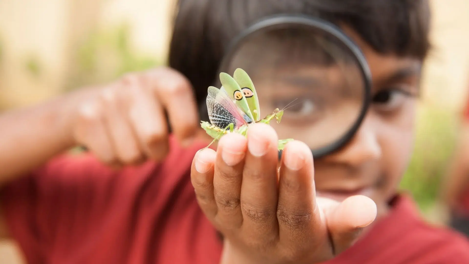 A young boy examines a small insect closely with a magnifying glass, showcasing curiosity and exploration in nature.