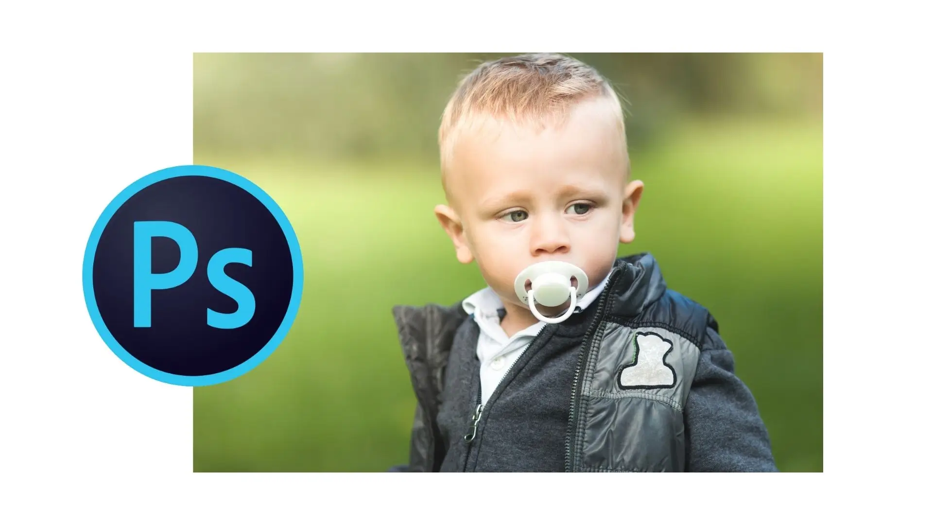 A baby with a pacifier in his mouth, surrounded by the word "Photoshop" in a playful font.