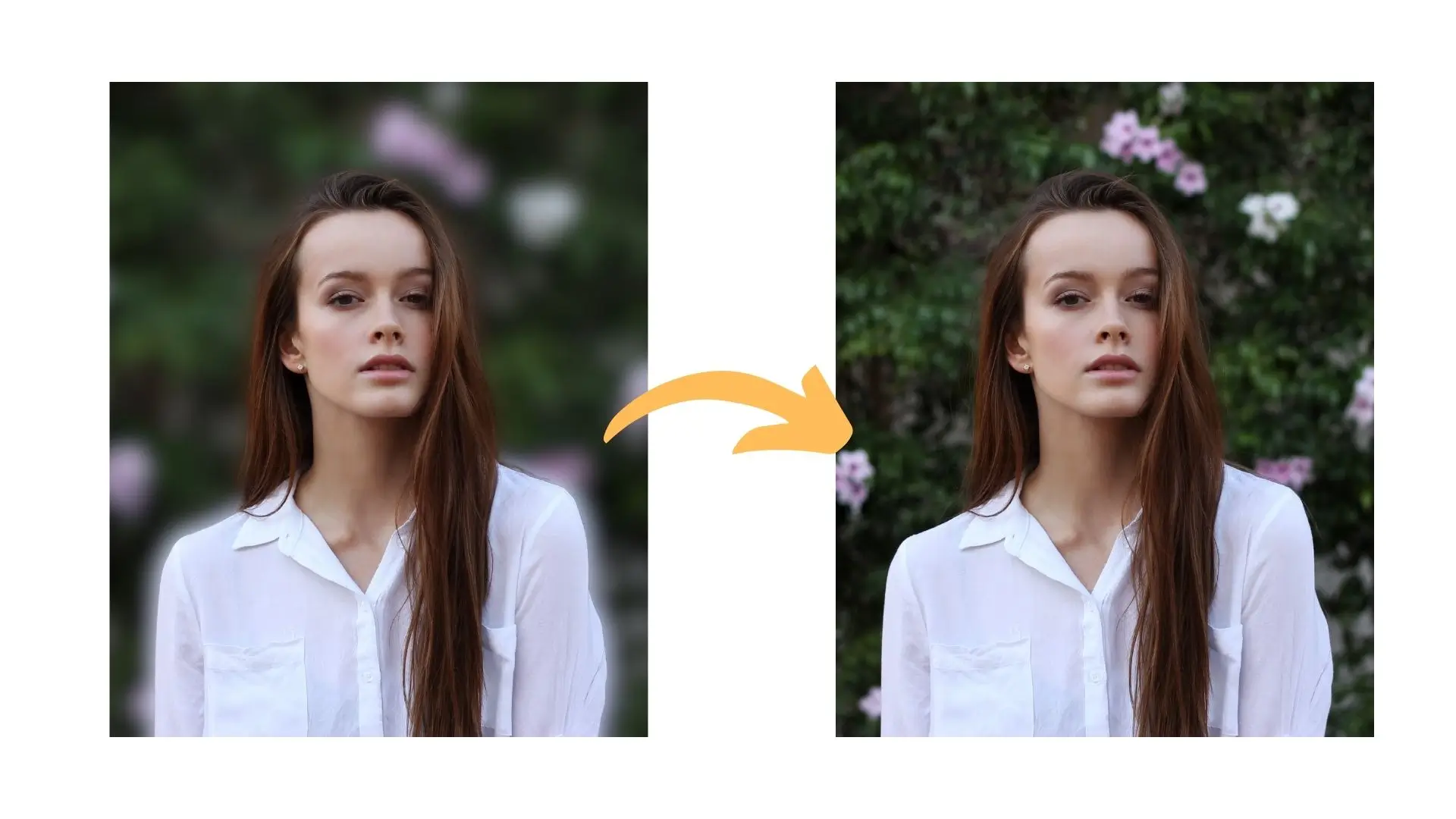 Before and after photo editing, a woman with long hair showcases the changes in her appearance.