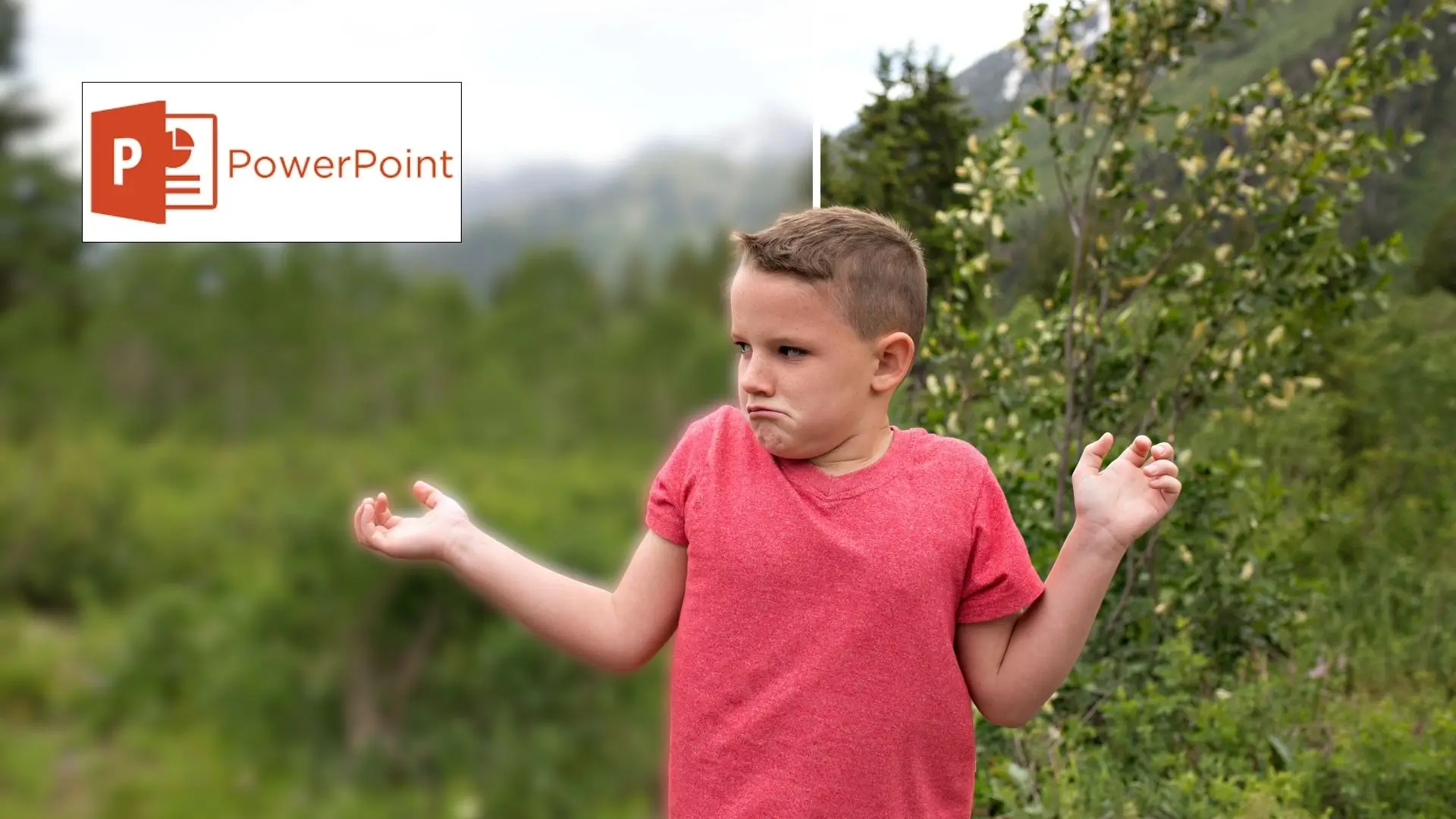 A boy stands confidently in front of a PowerPoint presentation, engaging with his audience.
