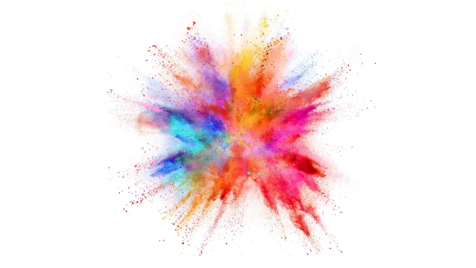 A vibrant burst of colored powder against a clean white background, creating a dynamic and lively visual effect.