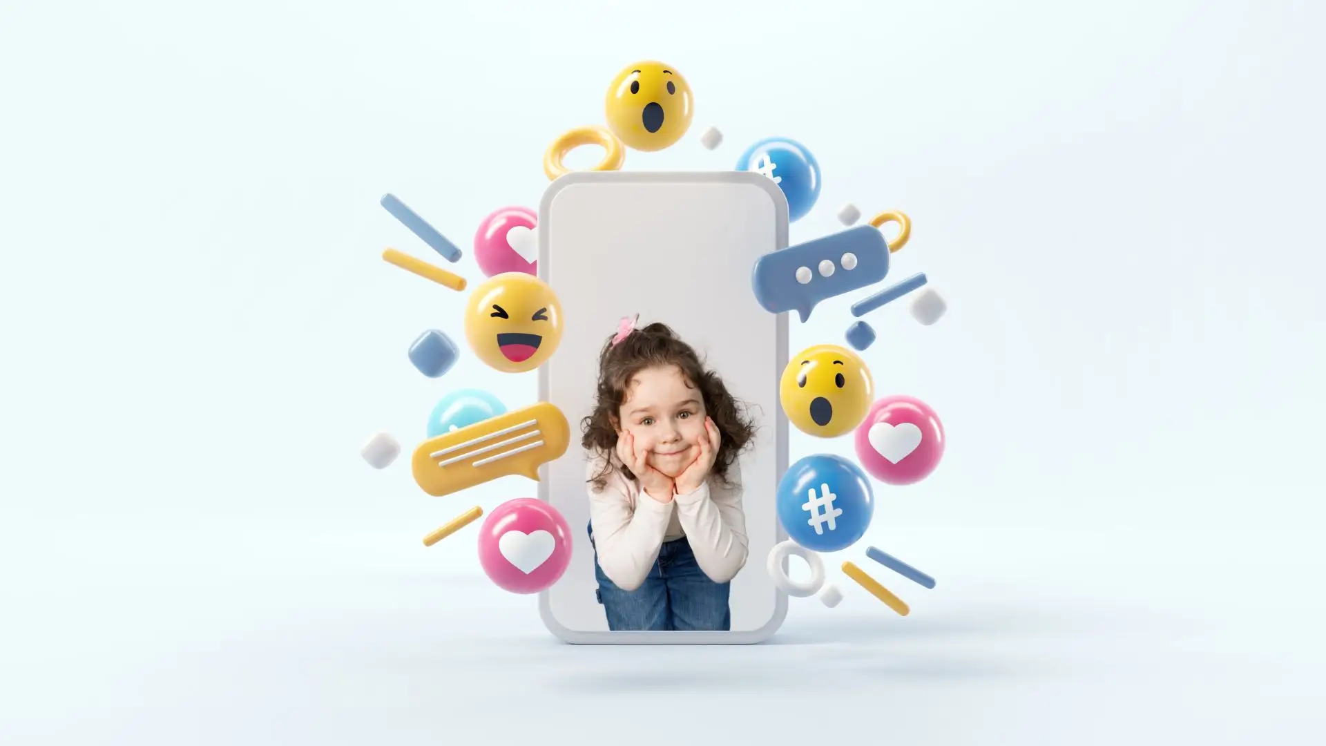 A smiling girl surrounded by colorful emoticons, radiating joy and positivity in a vibrant atmosphere.