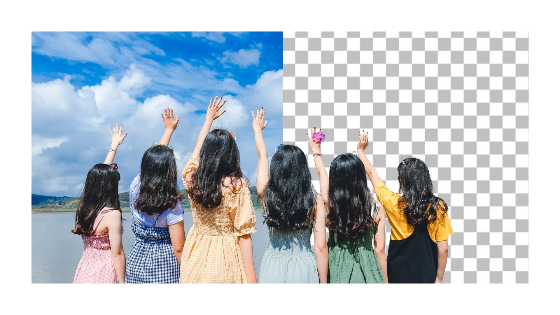 Four girls stand happily with a vibrant blue sky and a white background behind them.