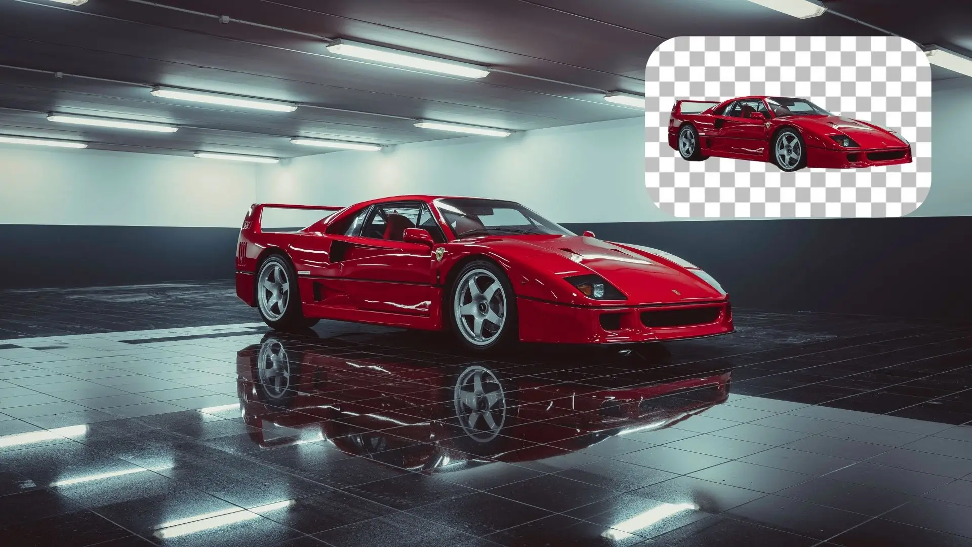 A sleek red sports car parked in a dimly lit room, showcasing its glossy finish and aerodynamic design.