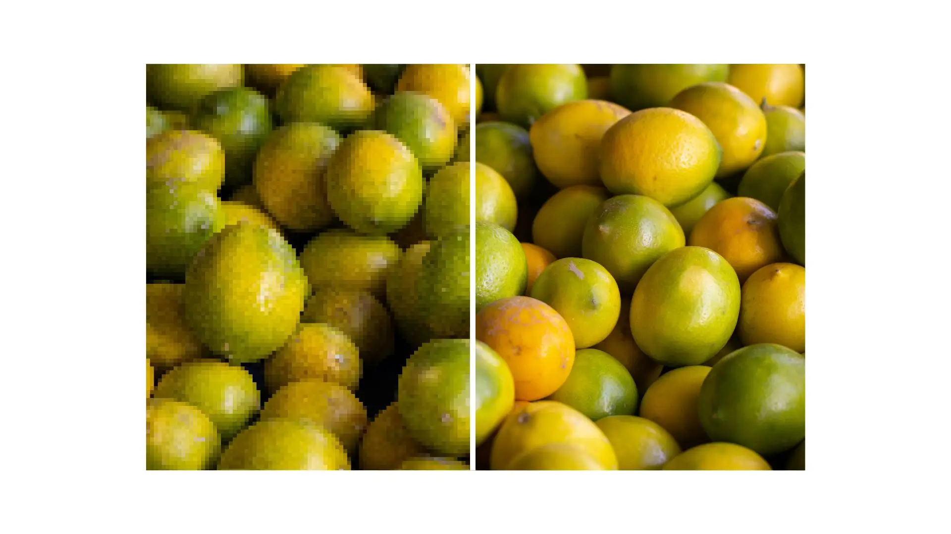 Two images showcasing vibrant green and yellow fruits arranged artistically on a neutral background.