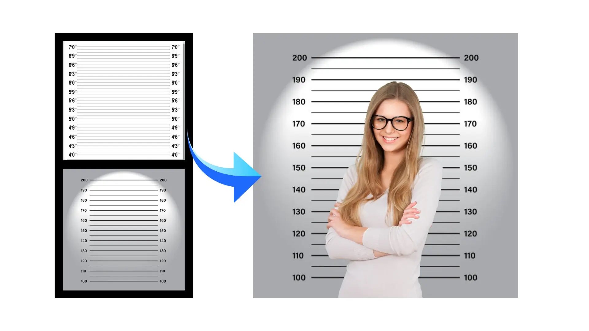 A woman wearing glasses stands beside a mug shot, displaying a serious expression in a well-lit environment.